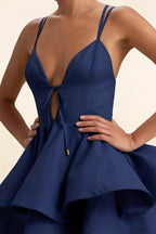 Brenda Navy V Neck Spaghetti Strap Mini Ruffle Dress
