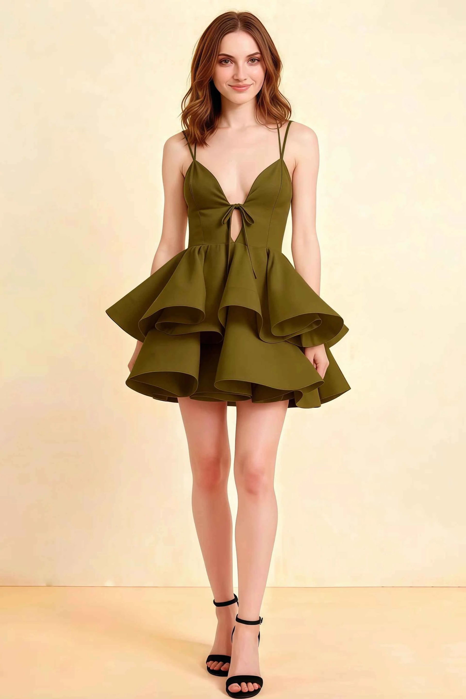 Brenda Olive V Neck Spaghetti Strap Mini Ruffle Dress