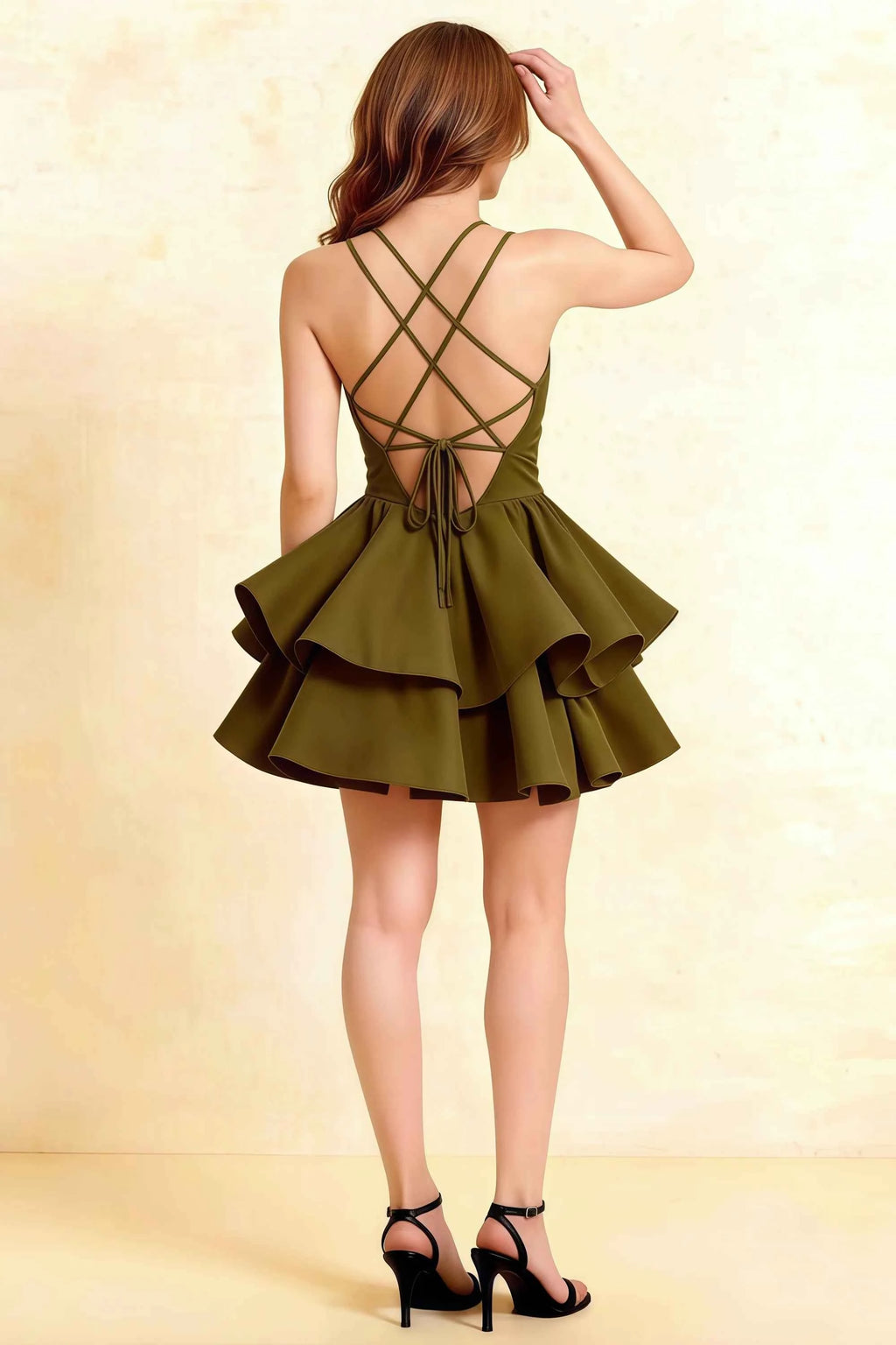 Brenda Olive V Neck Spaghetti Strap Mini Ruffle Dress