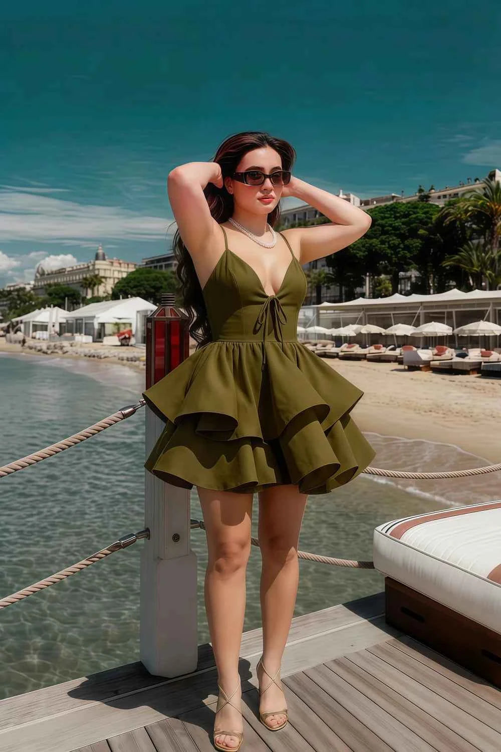 Brenda Olive V Neck Spaghetti Strap Mini Ruffle Dress