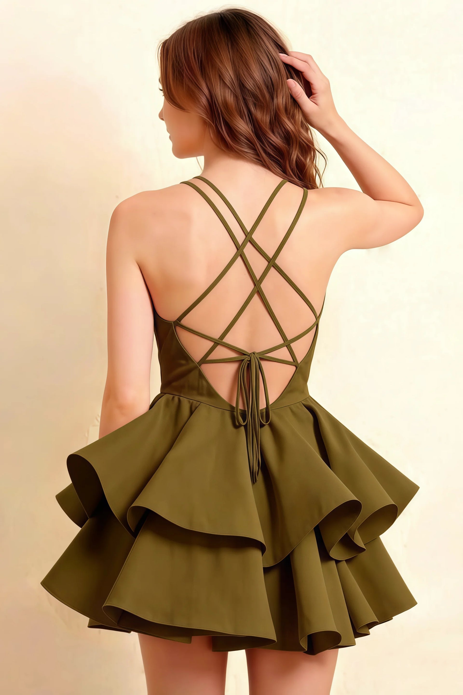 Brenda Olive V Neck Spaghetti Strap Mini Ruffle Dress