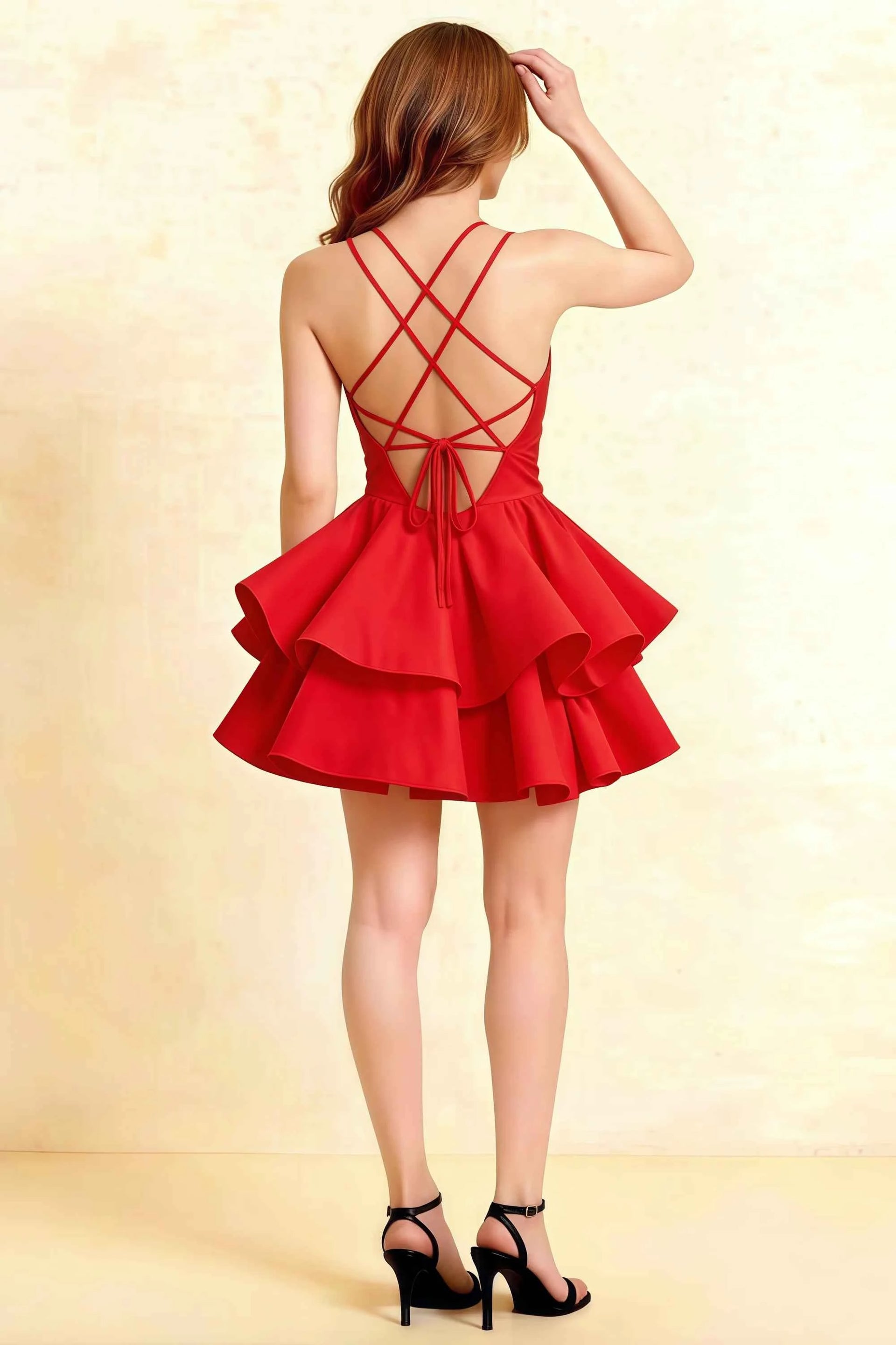 Brenda Red V Neck Spaghetti Strap Mini Ruffle Dress