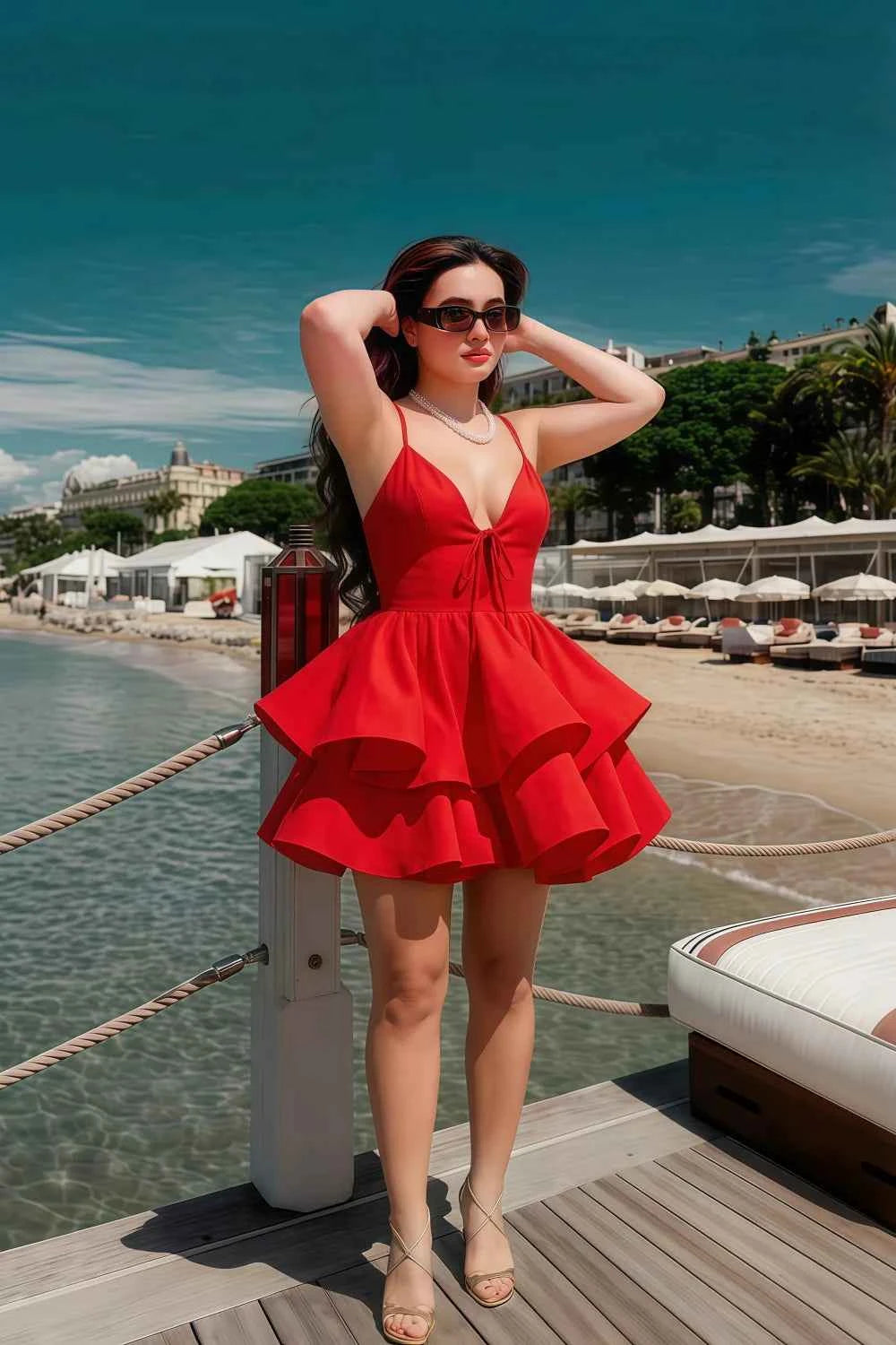 Brenda Red V Neck Spaghetti Strap Mini Ruffle Dress