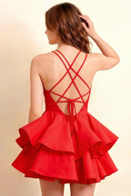 Brenda Red V Neck Spaghetti Strap Mini Ruffle Dress