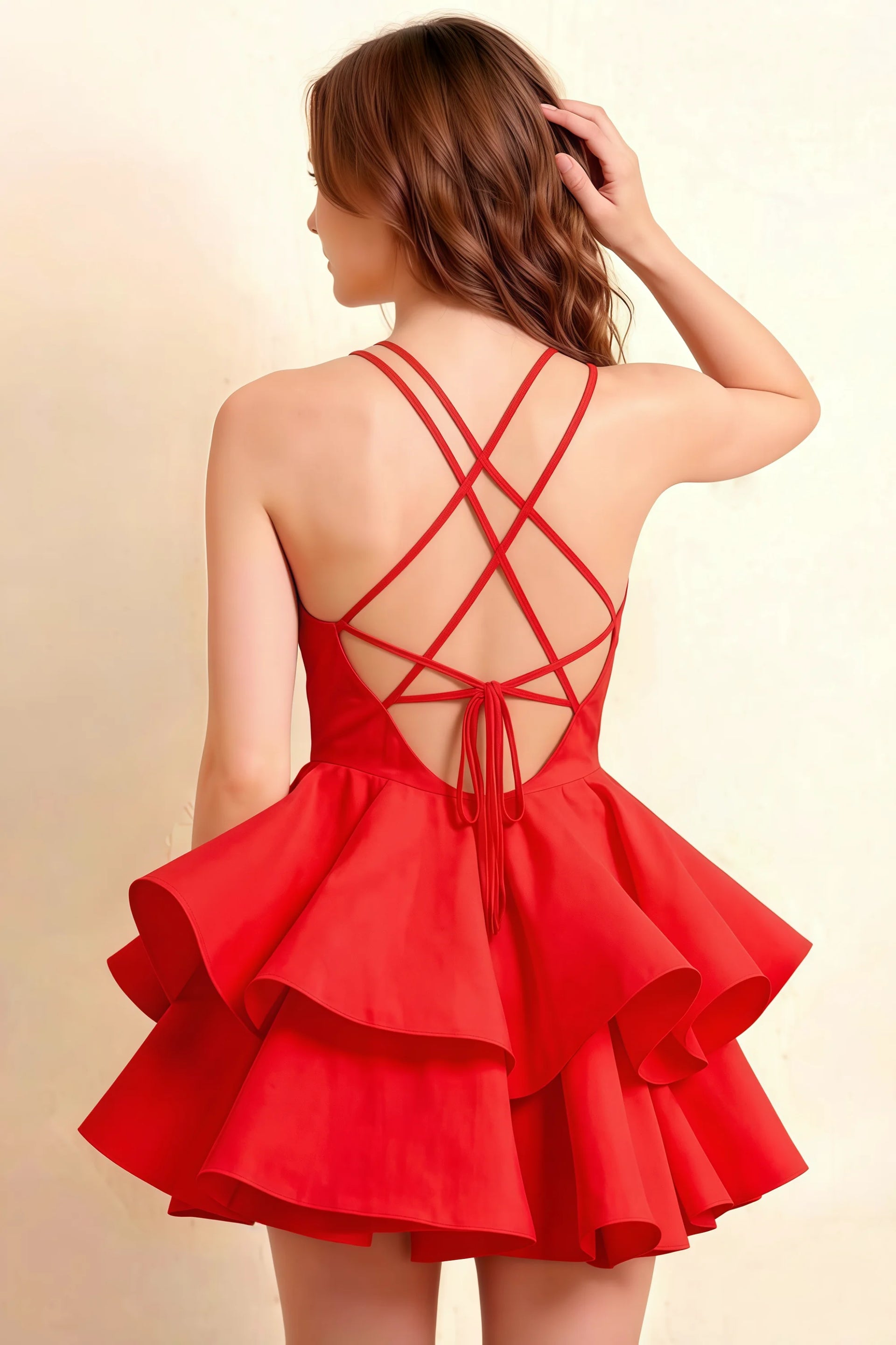 Brenda Red V Neck Spaghetti Strap Mini Ruffle Dress