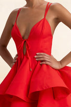 Brenda Red V Neck Spaghetti Strap Mini Ruffle Dress