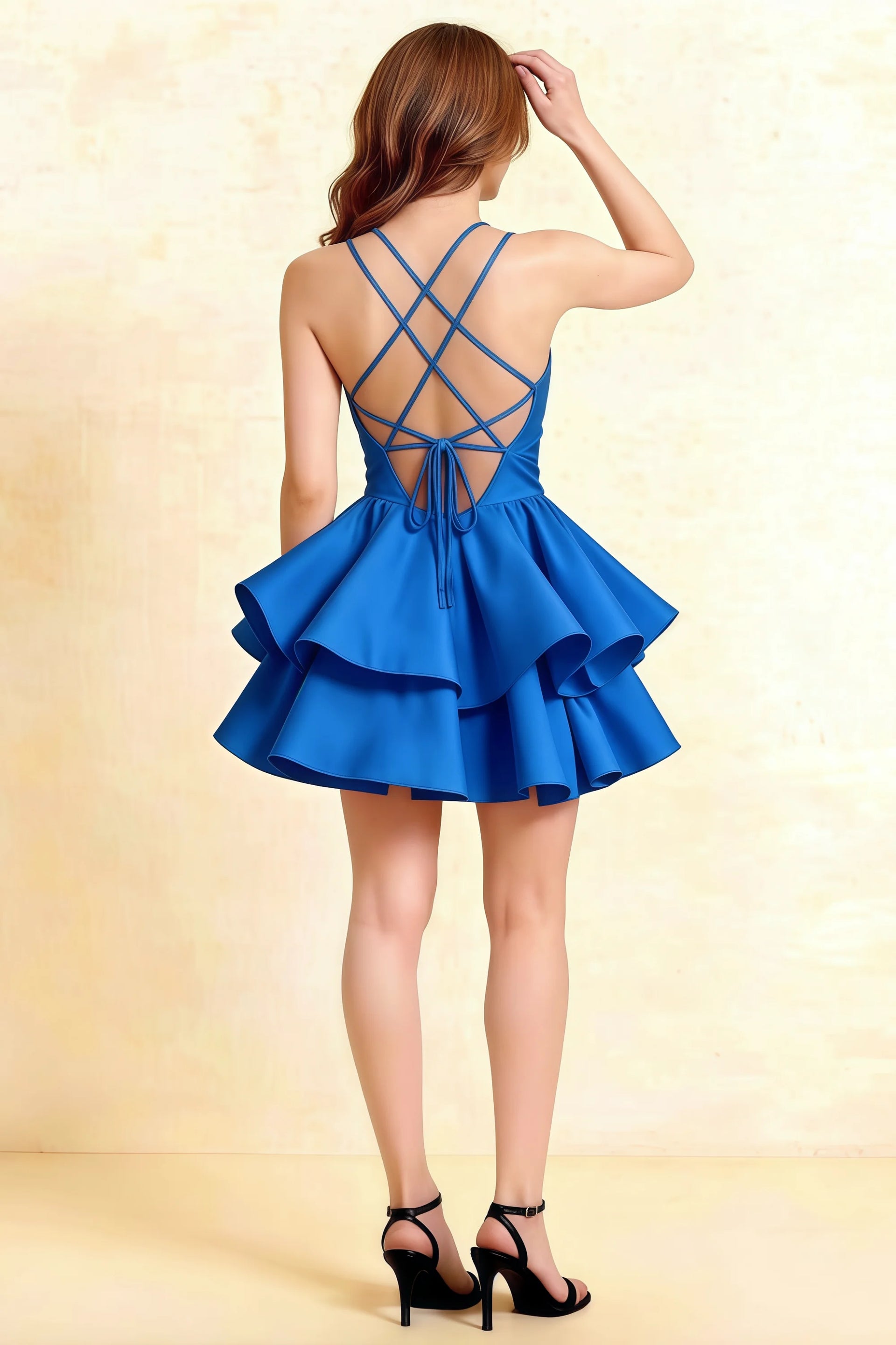 Brenda Royal Blue V Neck Spaghetti Strap Mini Ruffle Dress