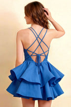 Brenda Royal Blue V Neck Spaghetti Strap Mini Ruffle Dress