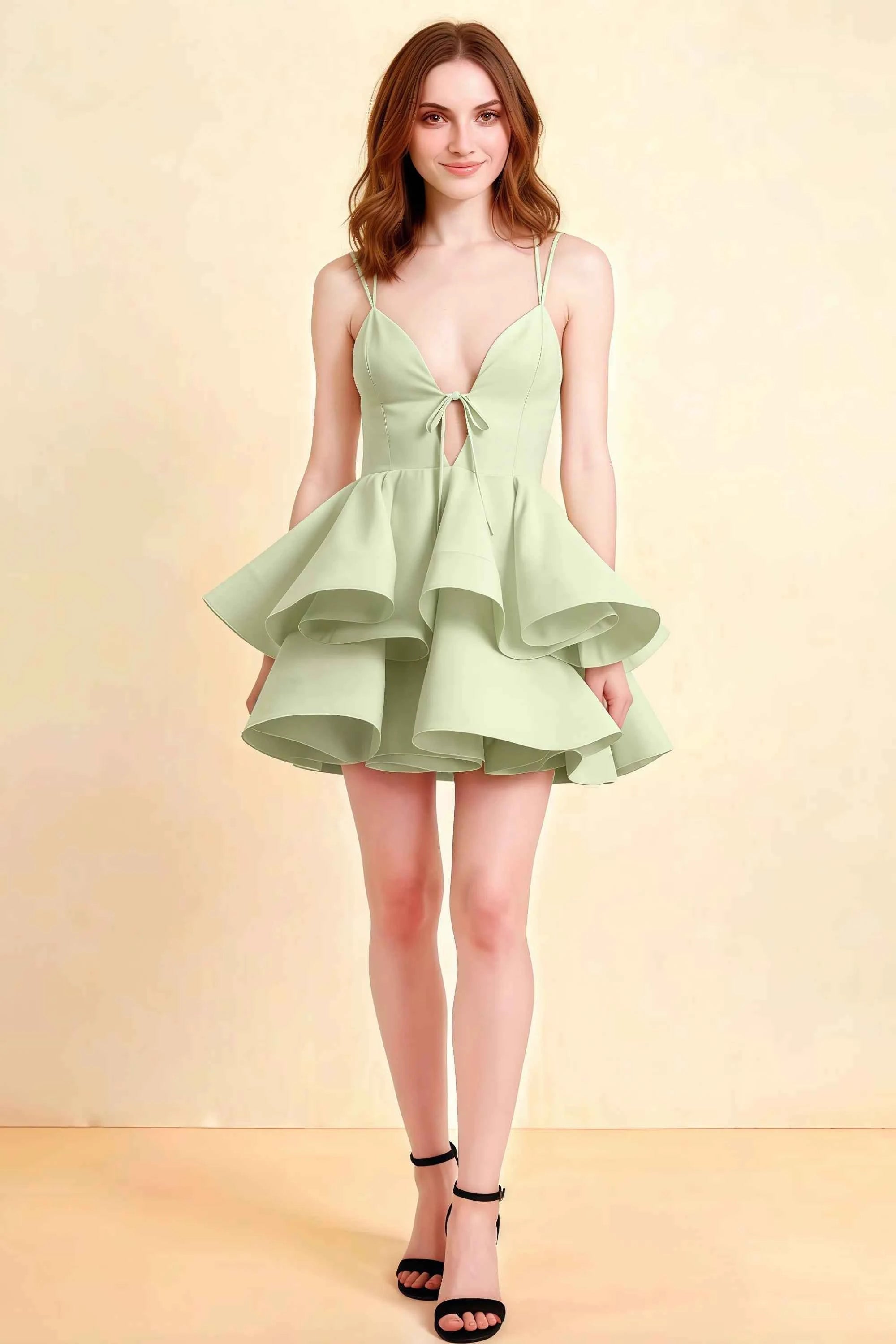 Sage green linen look V neck spaghetti strap mini ruffle Brenda dress by LVLVS for classy cocktail party and bridal shower events Imagen principal del producto