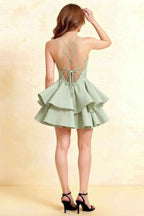 Brenda Sage Green V Neck Spaghetti Strap Mini Ruffle Dress