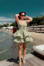 Brenda Sage Green V Neck Spaghetti Strap Mini Ruffle Dress