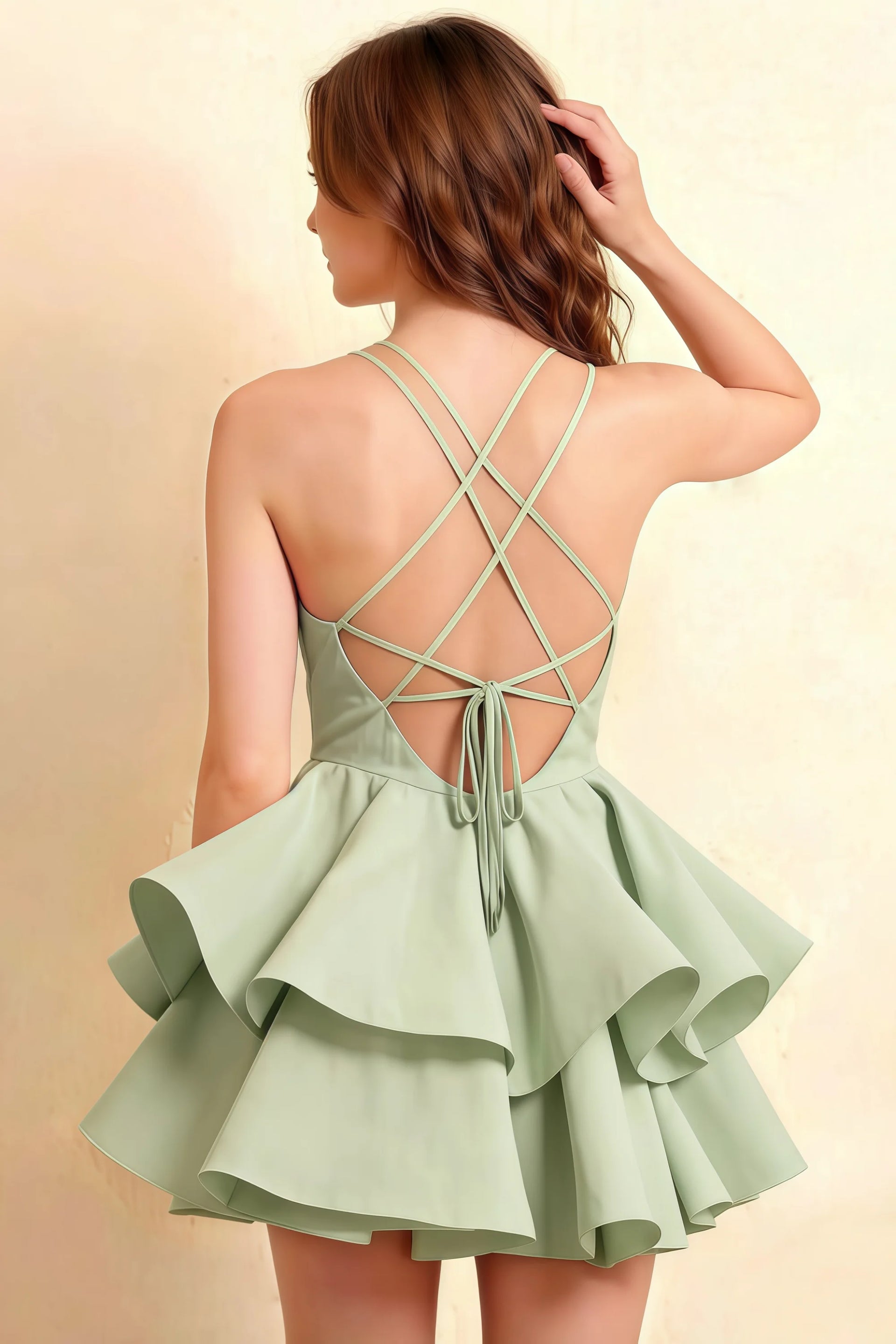 Brenda Sage Green V Neck Spaghetti Strap Mini Ruffle Dress