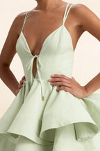 Brenda Sage Green V Neck Spaghetti Strap Mini Ruffle Dress