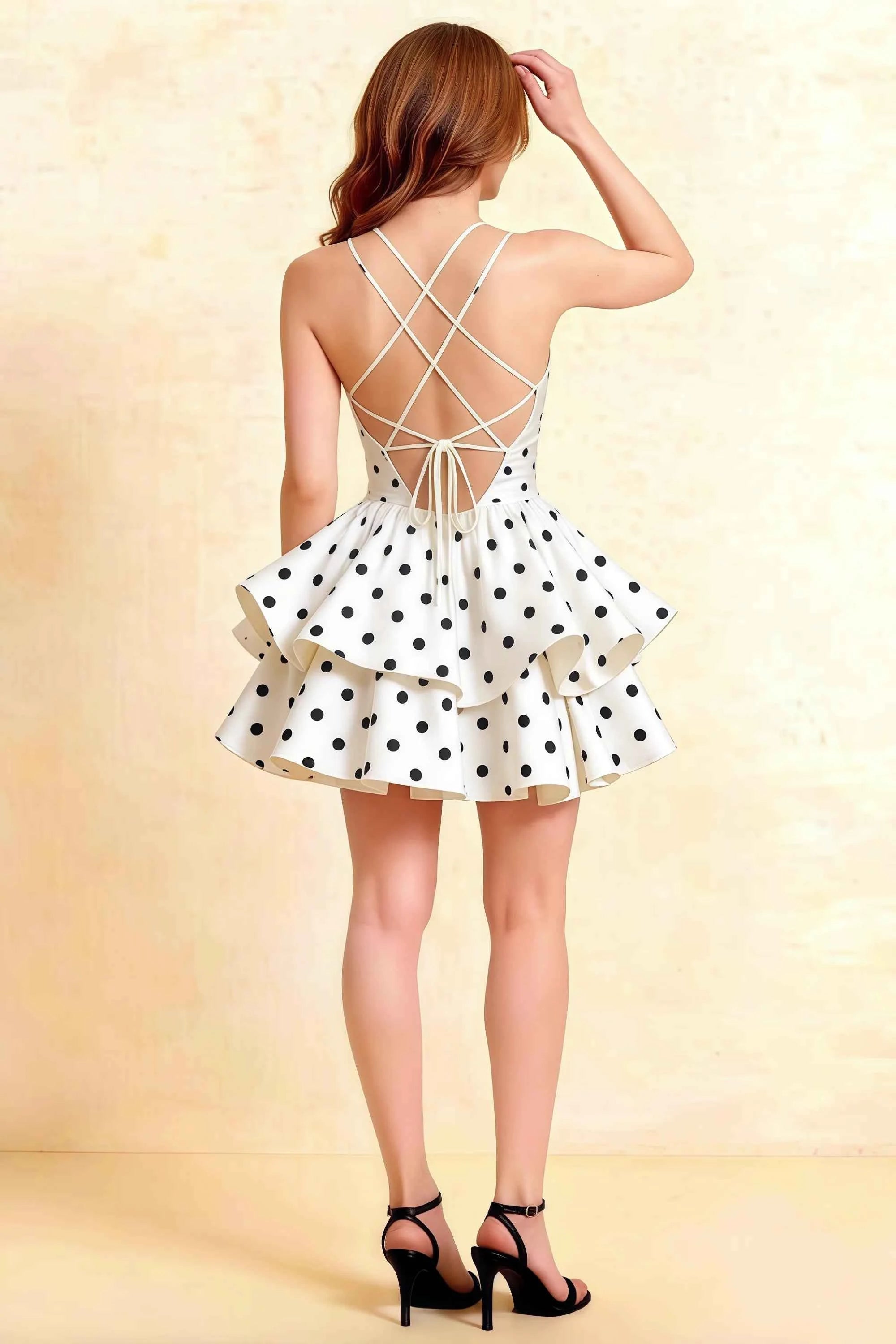Brenda White Polka Dot V Neck Spaghetti Strap Mini Ruffle Dress Secondary image
