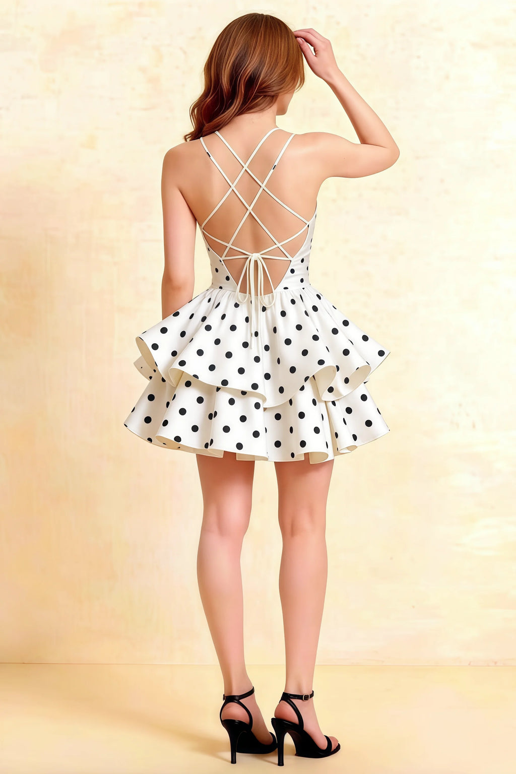 Brenda White Polka Dot V Neck Spaghetti Strap Mini Ruffle Dress