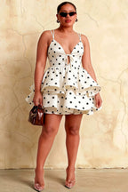 Brenda White Polka Dot V Neck Spaghetti Strap Mini Ruffle Dress
