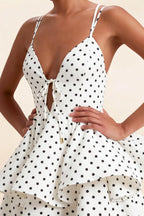 Brenda White Polka Dot V Neck Spaghetti Strap Mini Ruffle Dress