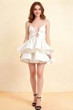 Brenda White V Neck Spaghetti Strap Mini Ruffle Dress