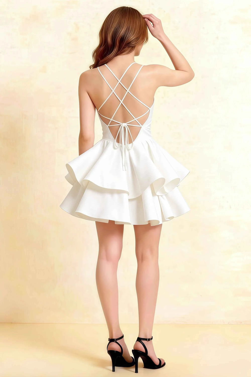 Translation missing: en.Back view LVLVS Brenda white cocktail dress criss cross straps open back Semi-Formal mini ruffle party dress for Club content.product_image_secondary