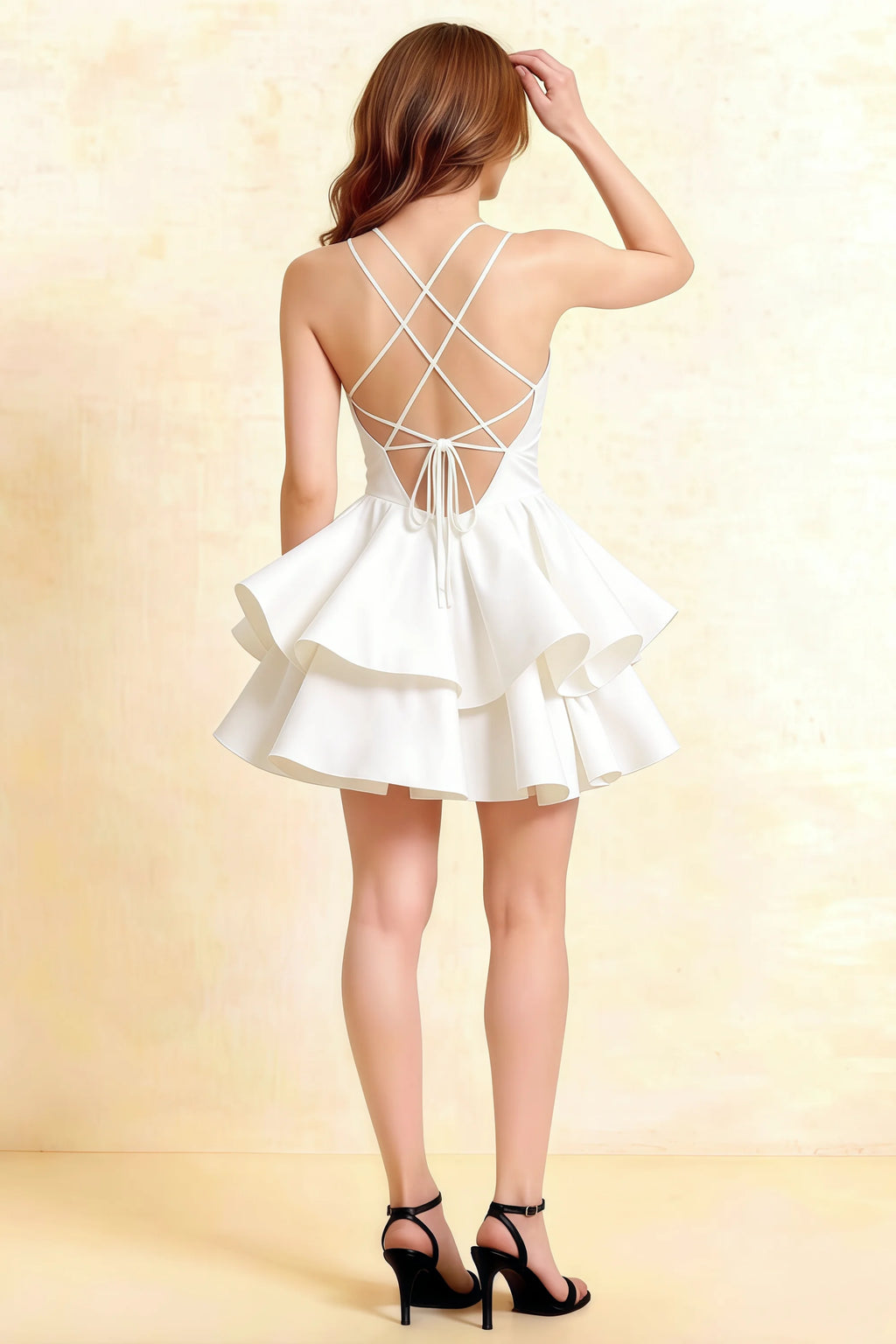 Brenda White V Neck Spaghetti Strap Mini Ruffle Dress