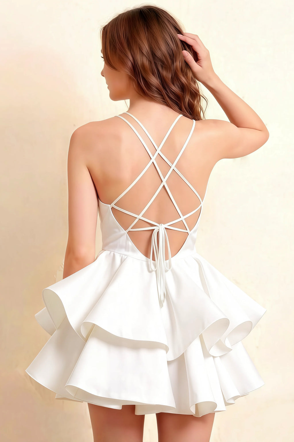 Brenda White V Neck Spaghetti Strap Mini Ruffle Dress