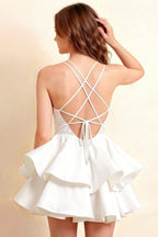 Brenda White V Neck Spaghetti Strap Mini Ruffle Dress