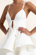 Brenda White V Neck Spaghetti Strap Mini Ruffle Dress