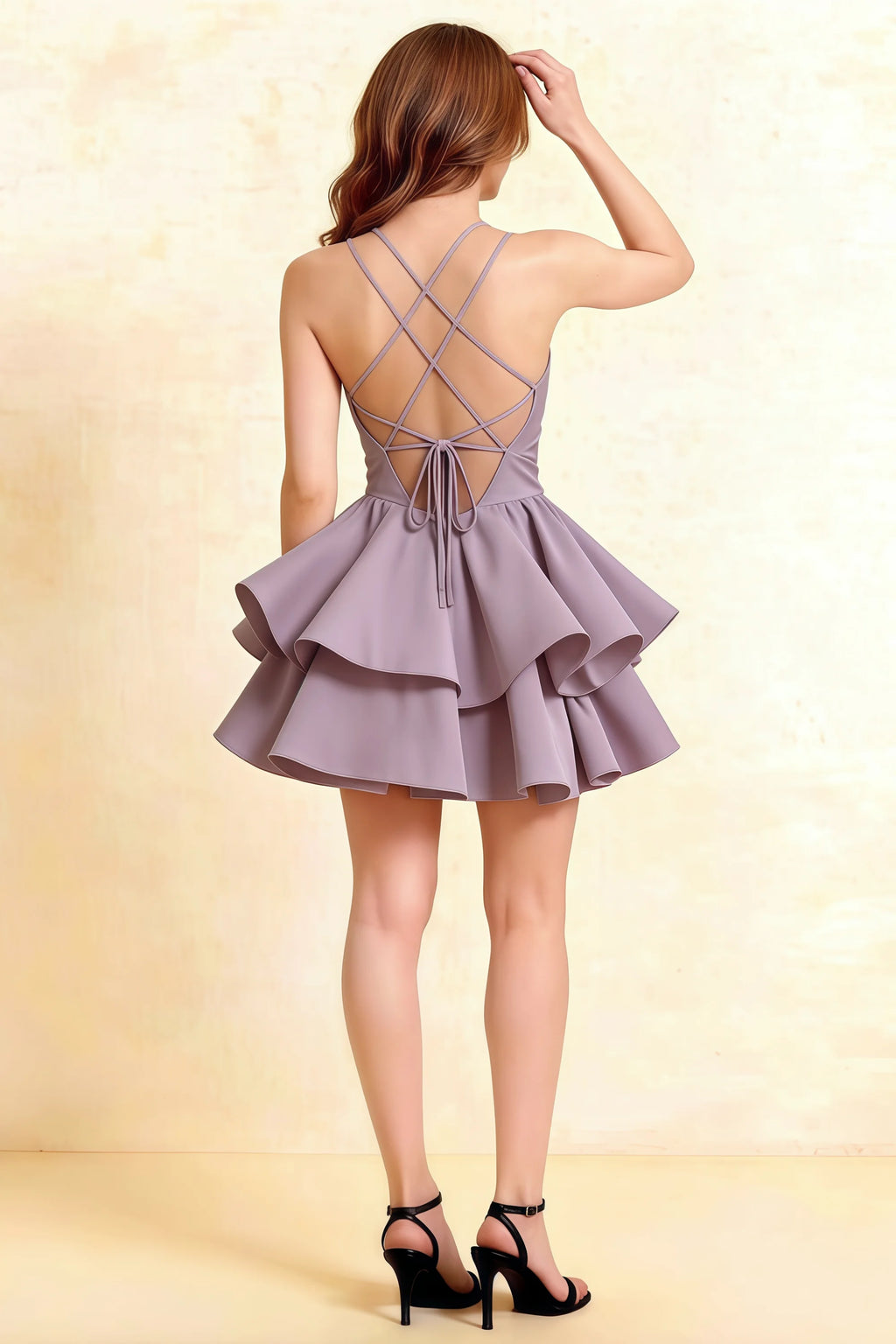Brenda Wisteria V Neck Spaghetti Strap Mini Ruffle Dress
