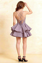 Brenda Wisteria V Neck Spaghetti Strap Mini Ruffle Dress