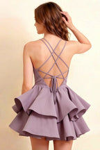 Brenda Wisteria V Neck Spaghetti Strap Mini Ruffle Dress