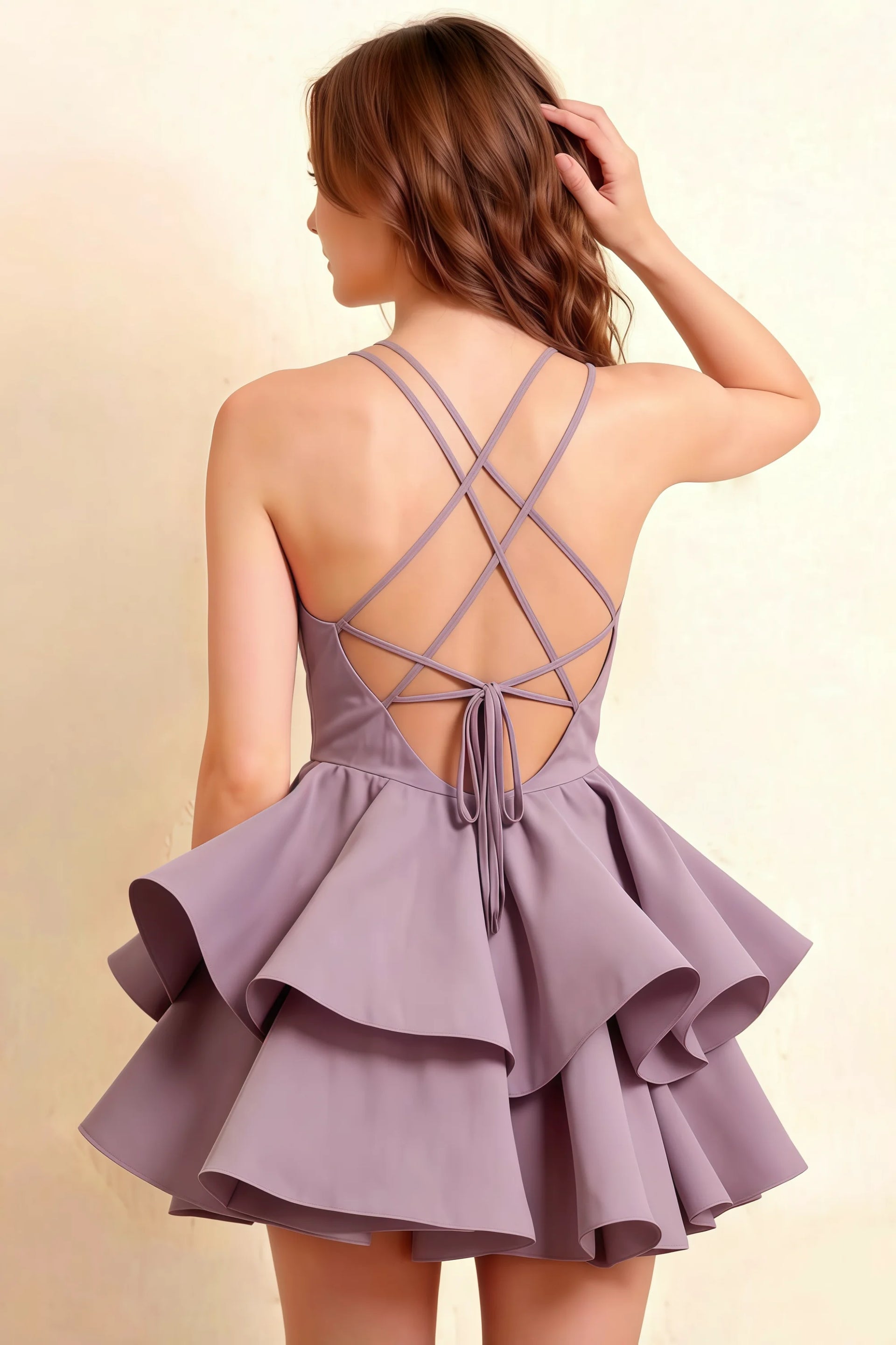Brenda Wisteria V Neck Spaghetti Strap Mini Ruffle Dress