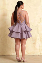 Brenda Wisteria V Neck Spaghetti Strap Mini Ruffle Dress