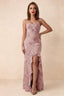 Front studio view of Brianna dusty lilac floral maxi dress with thin straps and a high ruffle-edged opening