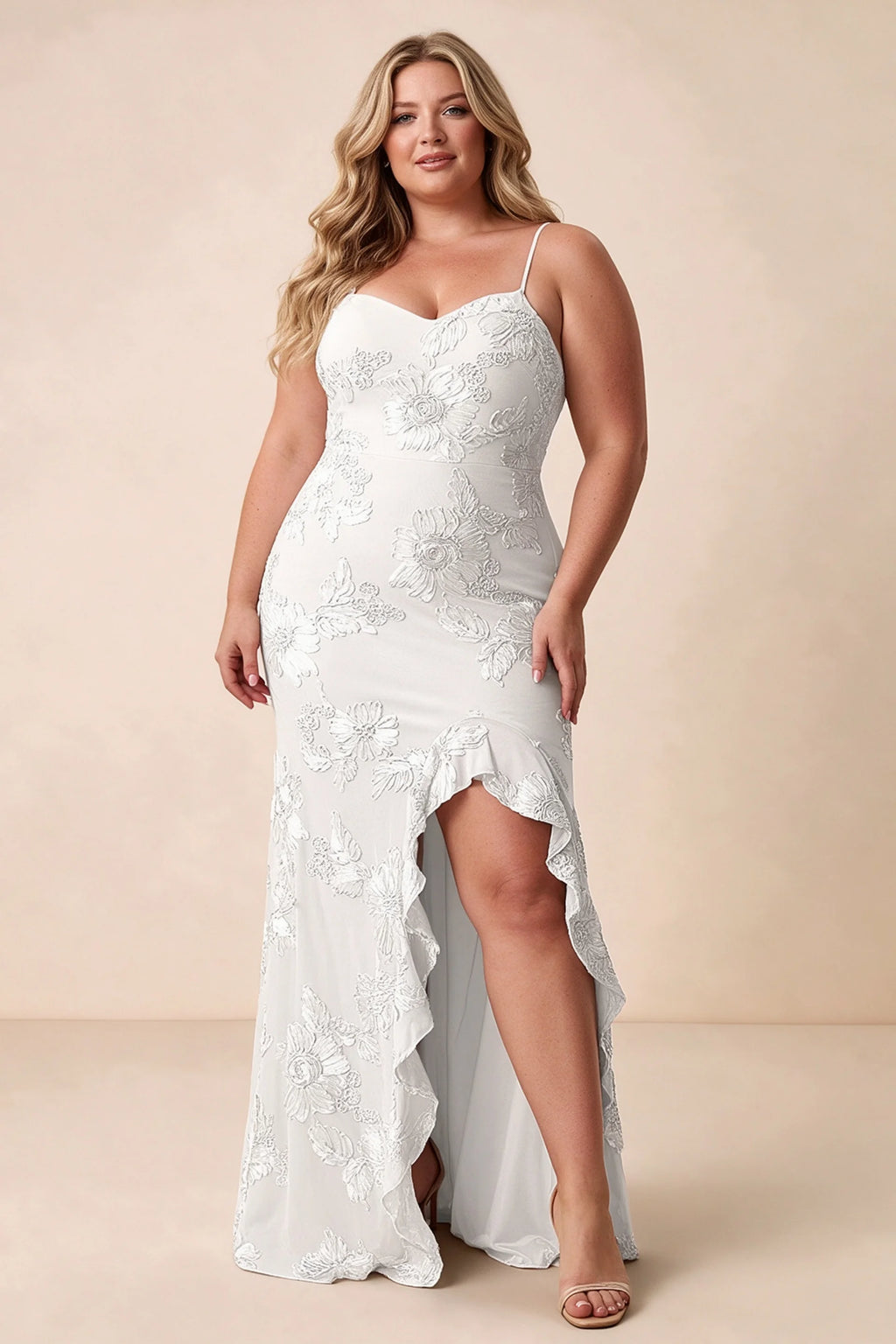 Front studio view of Brianna white maxi dress showing the fitted waist and ruffle-edged skirt