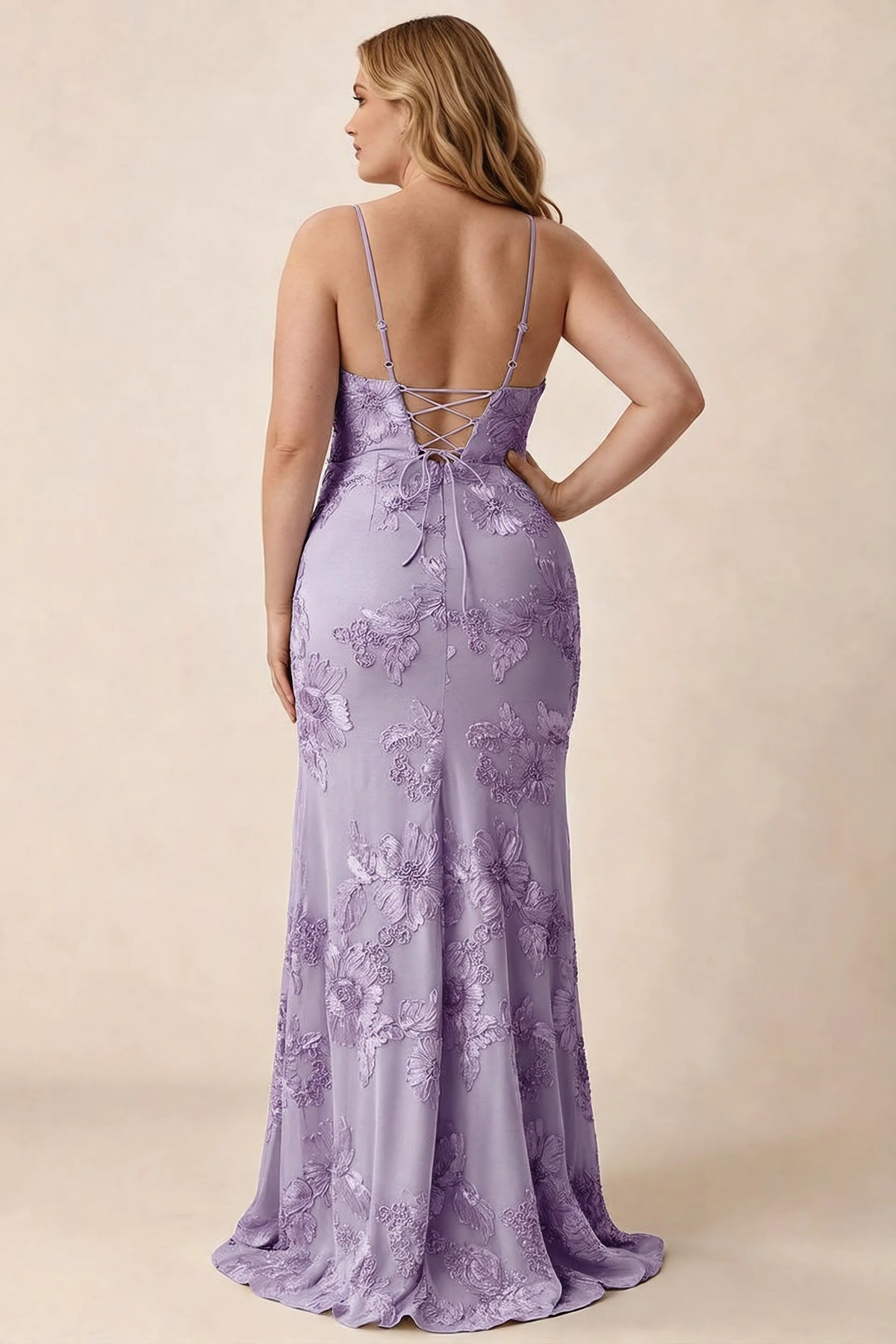 Rear studio view of Brianna wisteria floral dress showing the fitted hips and long hem
