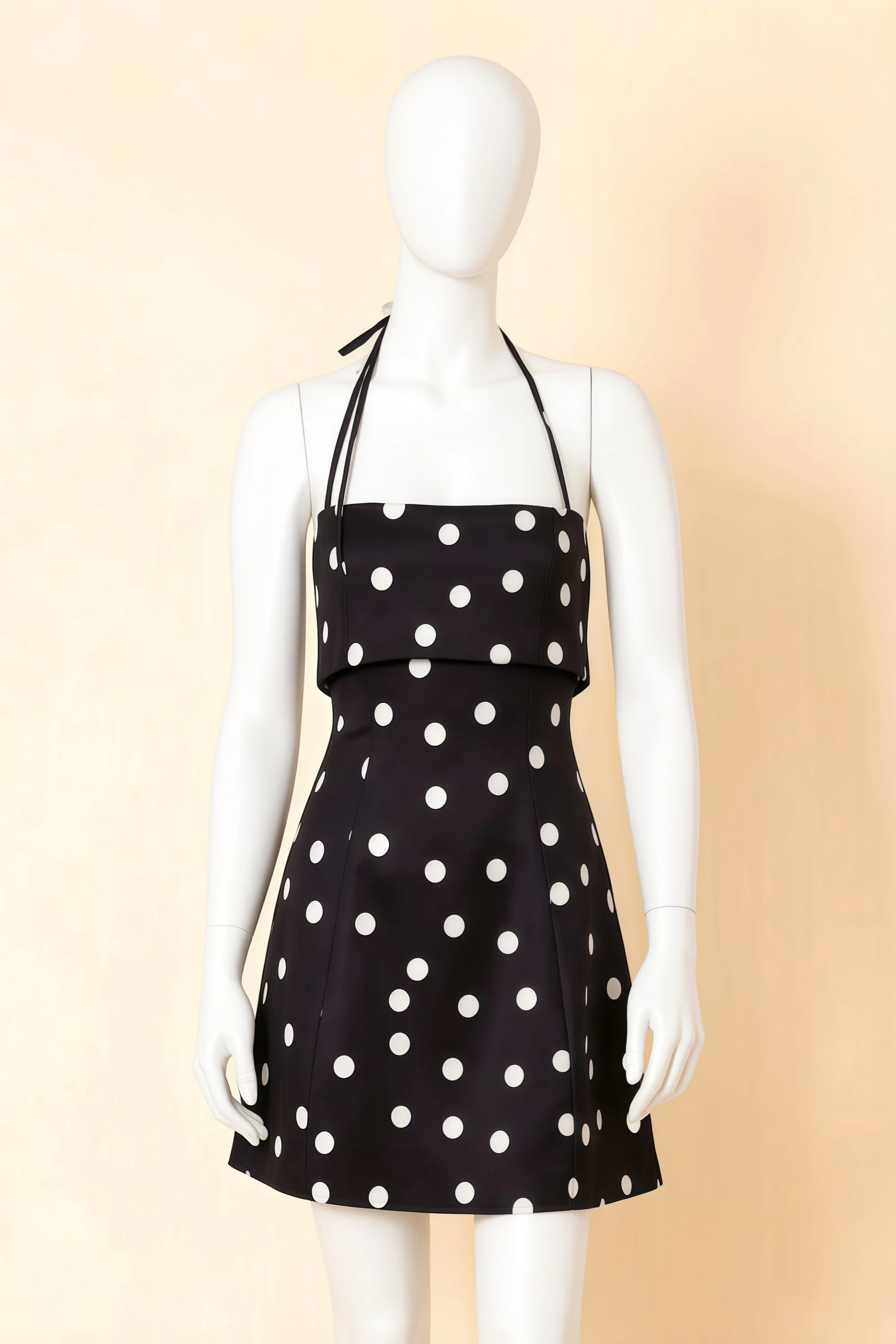 Bridget Black Polka Dot Halter Mini Dress with Square Neck