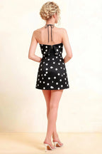 Bridget Black Polka Dot Halter Mini Dress with Square Neck