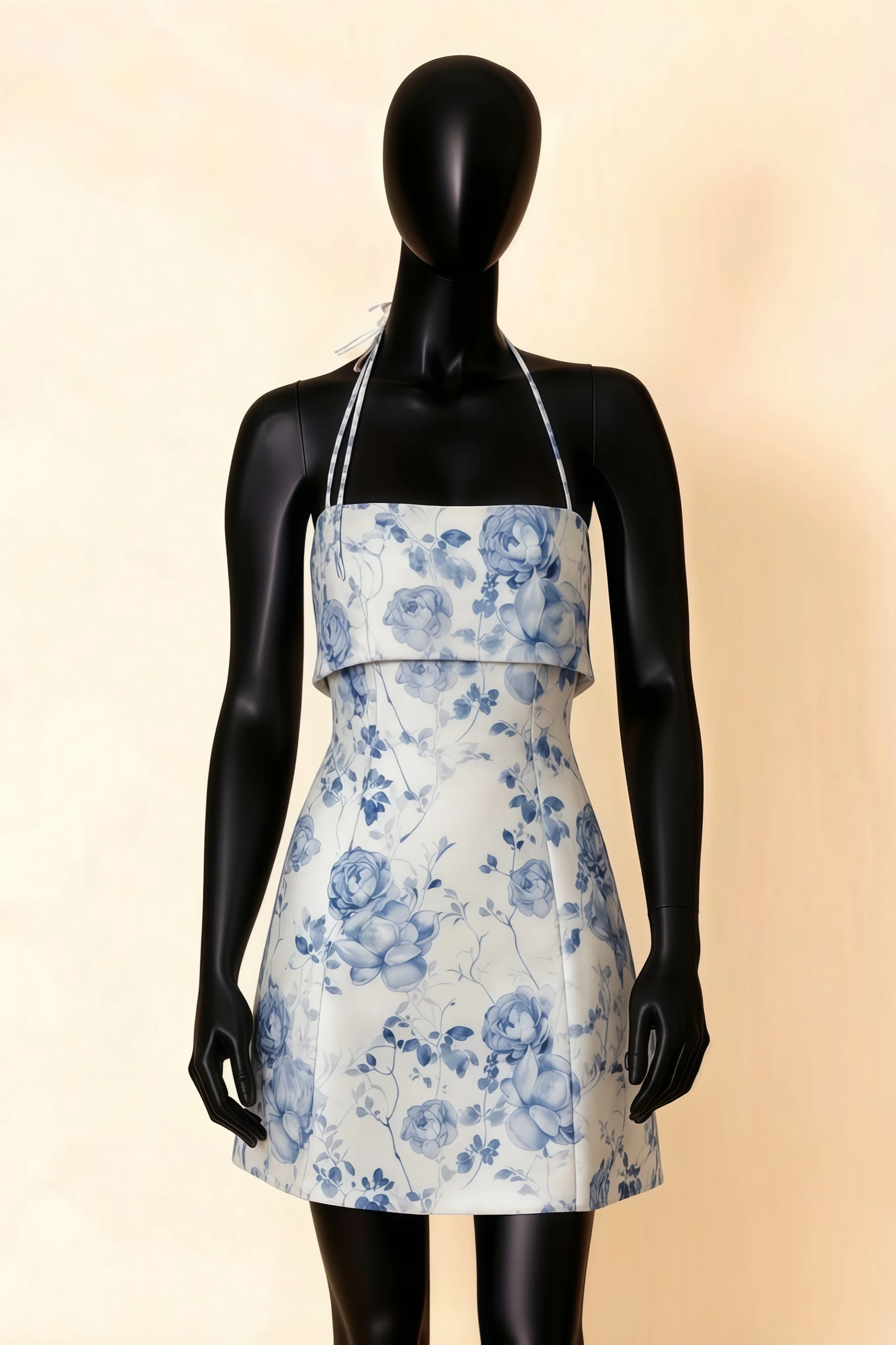 Bridget Blue and White Floral Halter Mini Dress with Square Neck