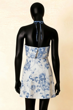 Bridget Blue and White Floral Halter Mini Dress with Square Neck