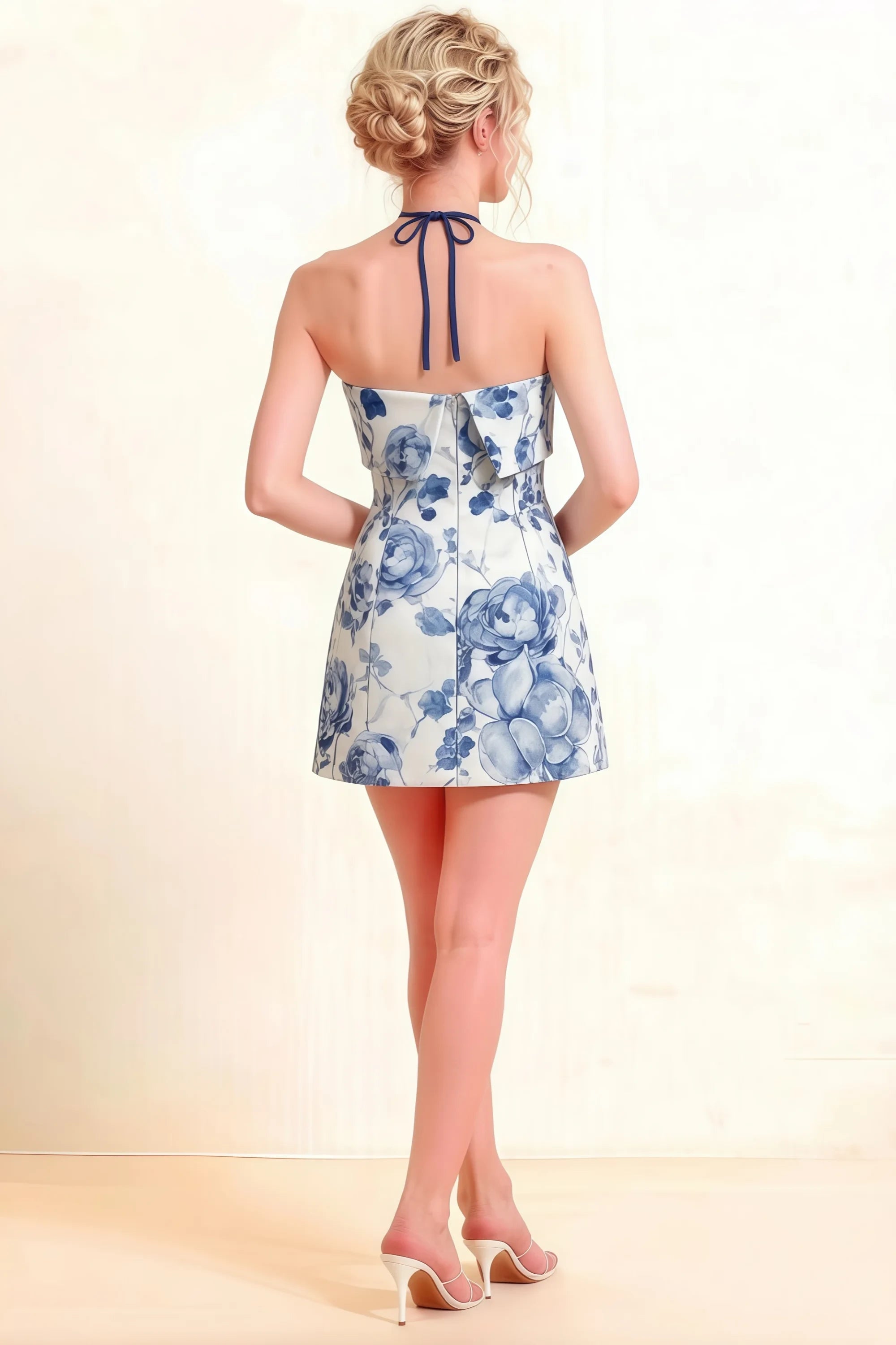 Bridget Blue and White Floral Halter Mini Dress with Square Neck Imagen secundaria del producto