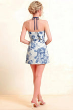 Bridget Blue and White Floral Halter Mini Dress with Square Neck