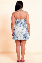 Bridget Blue and White Floral Halter Mini Dress with Square Neck
