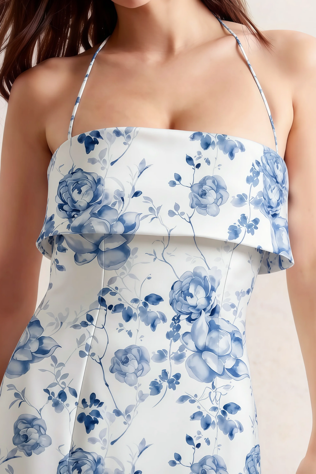 Bridget Blue and White Floral Halter Mini Dress with Square Neck