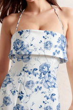 Bridget Blue and White Floral Halter Mini Dress with Square Neck
