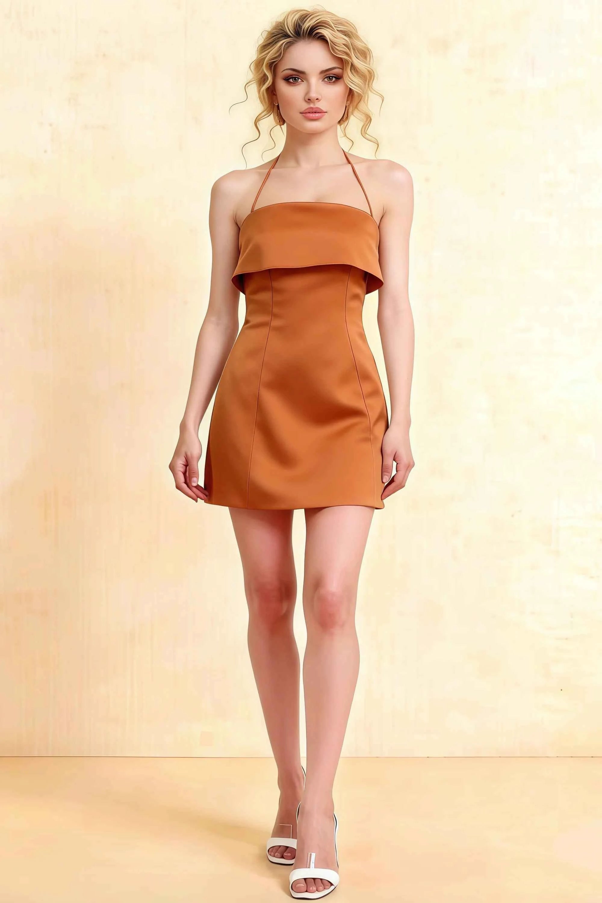 LVLVS Bridget dress in bronze stretch crepe, halter mini dress with square neckline and peplum hem, perfect for cocktail party or bridal shower. Main image