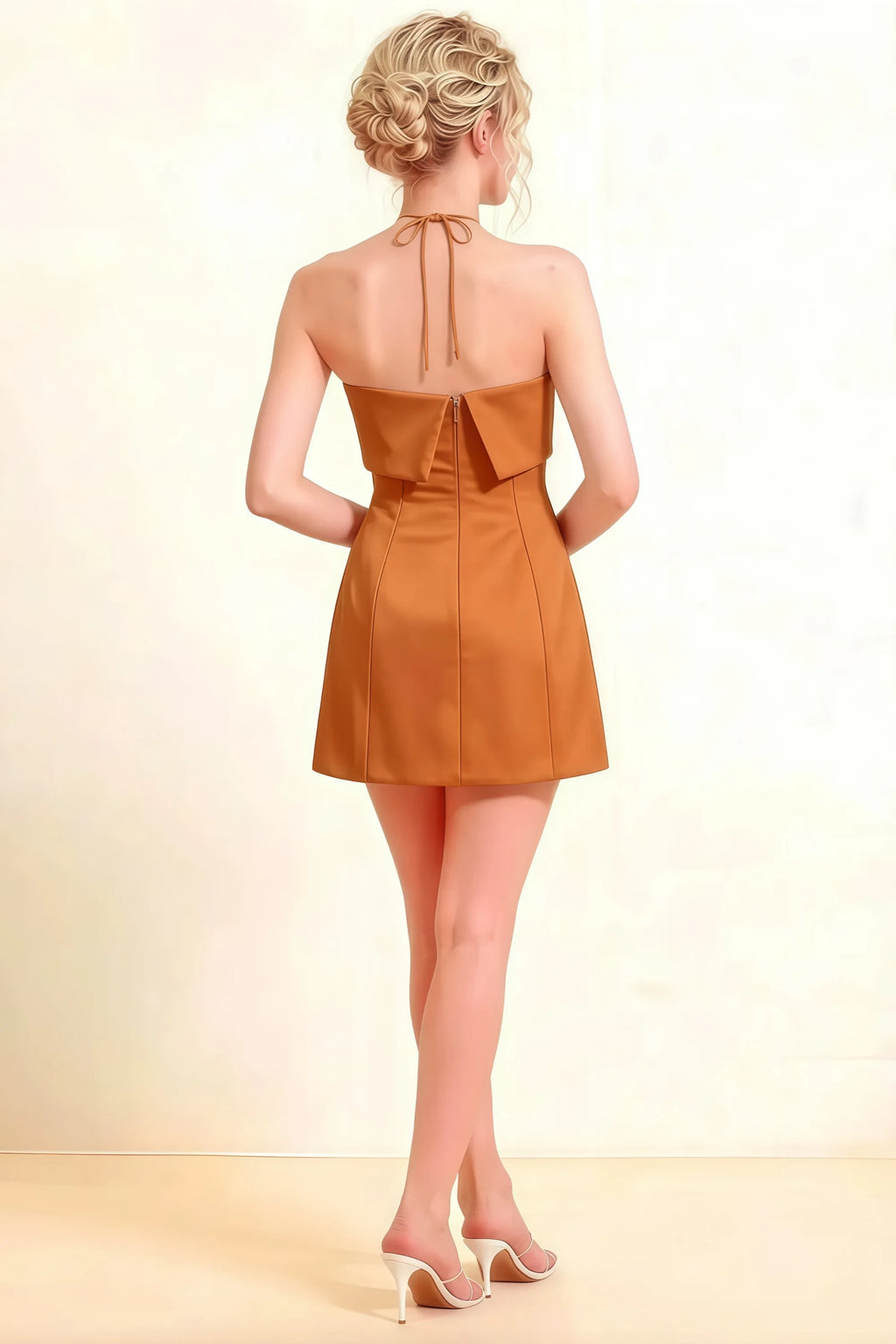 Bridget Bronze Halter Mini Dress with Square Neck