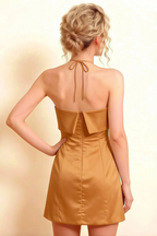 Bridget Bronze Halter Mini Dress with Square Neck