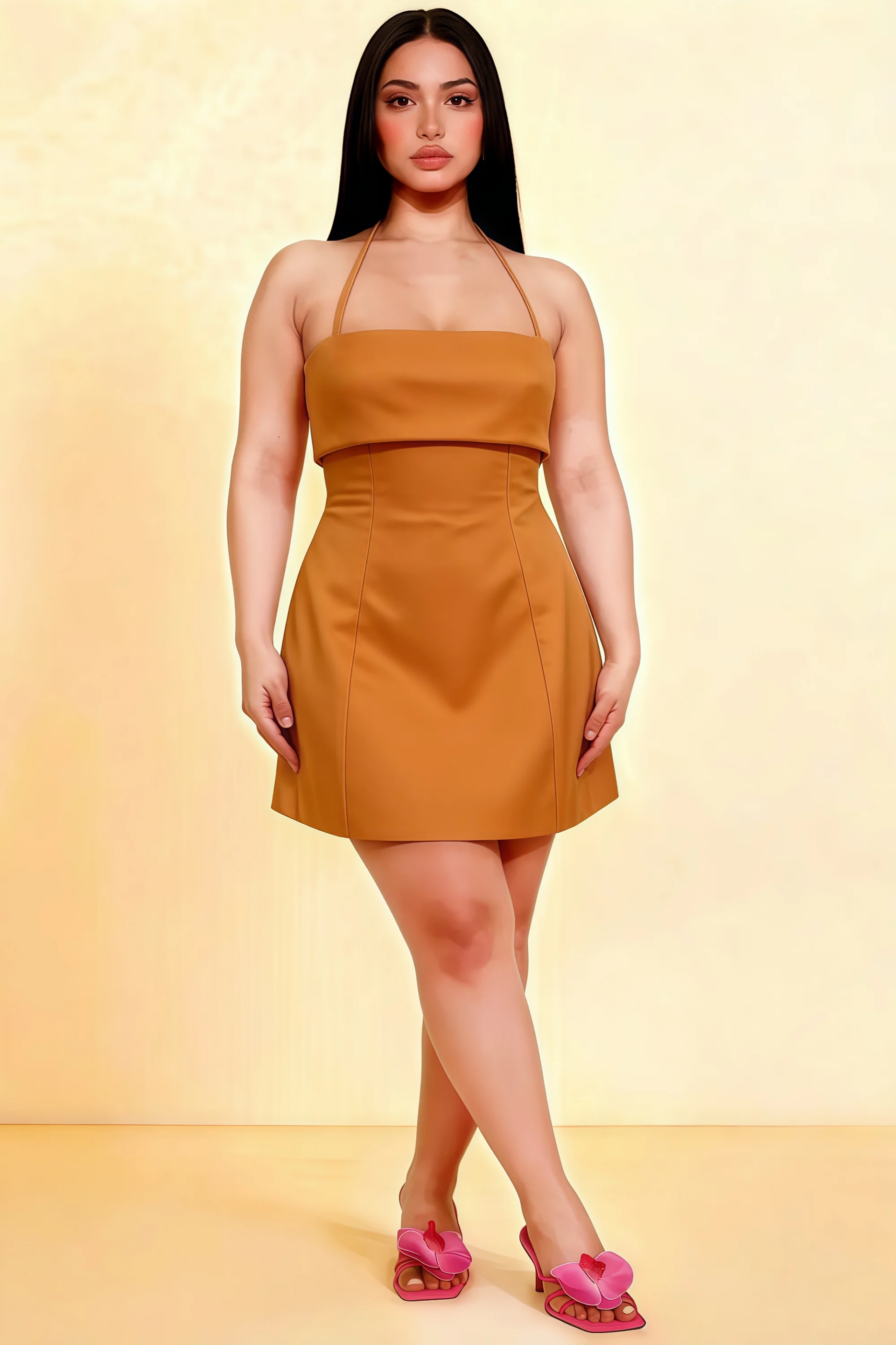 Bridget Bronze Halter Mini Dress with Square Neck