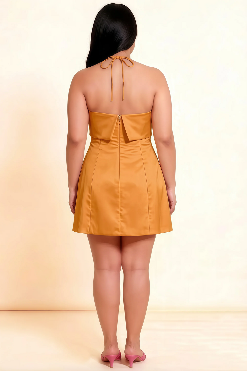 Bridget Bronze Halter Mini Dress with Square Neck