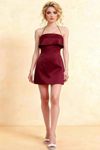 Bridget Burgundy Halter Mini Dress with Square Neck